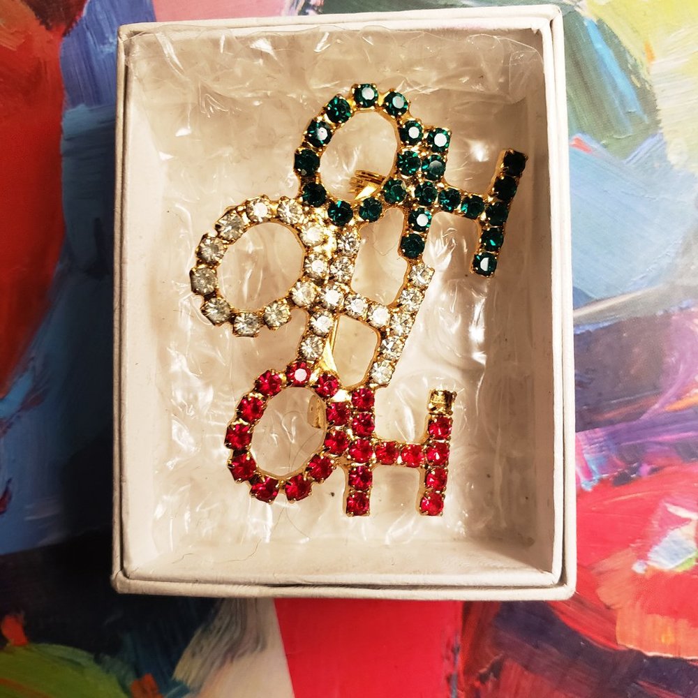 Vintage Holiday Sparkle Rhinestone Brooch Red Green Blue Oh Oh Oh! - Ho Ho Ho!